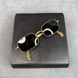 Vintage Japan Gold Rectangular Sunglasses Dark Green Lens Metal Frame Eyewear